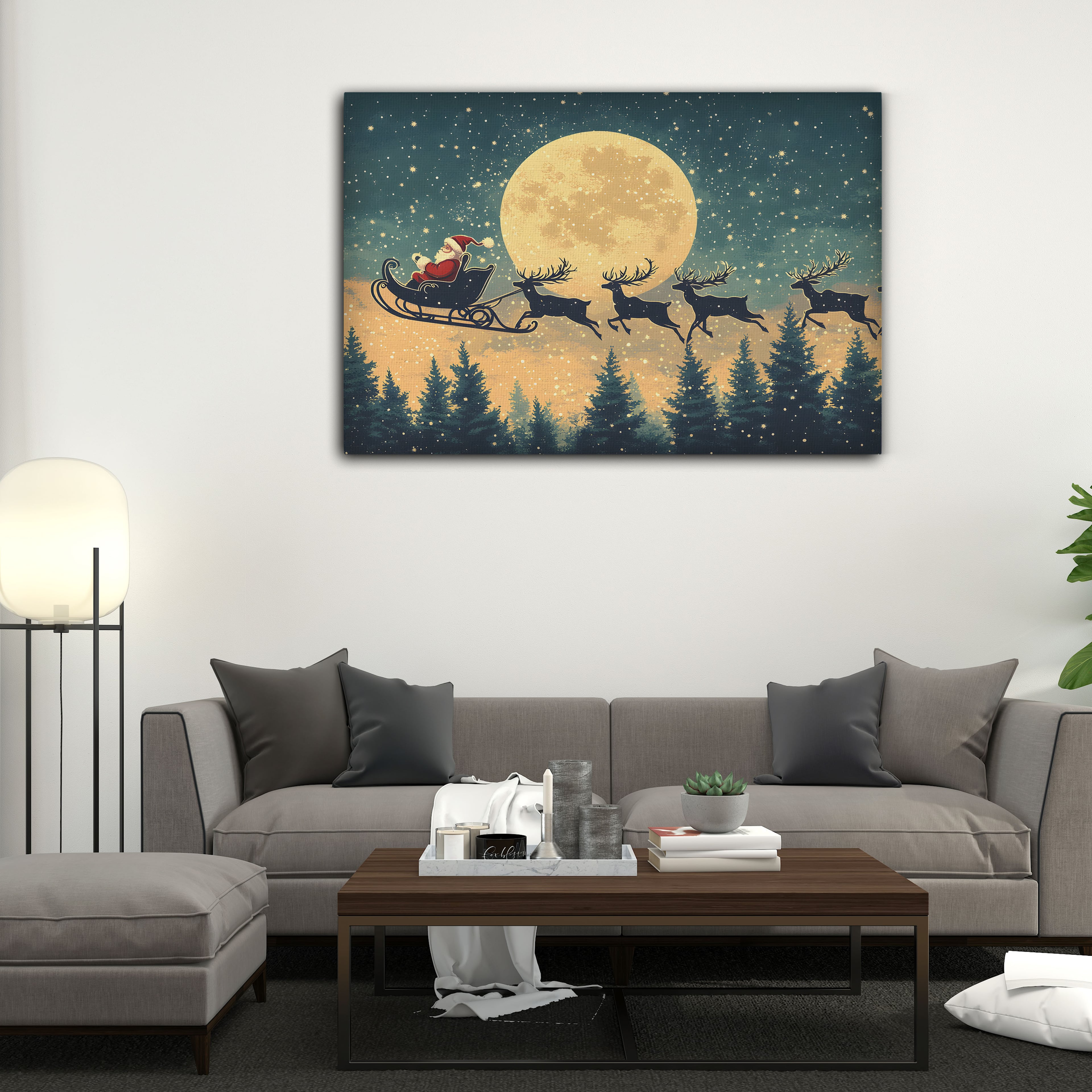 Dolunayda Noel Baba Kızağı Kanvas Tablo